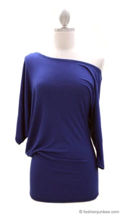 3/4 Sleeve Jersey Off The Shoulder Top, Draped Arm-Blue