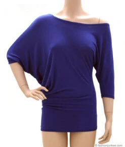3/4 Sleeve Jersey Off The Shoulder Top, Draped Arm-Black -LumiWear Store 34offtop blue4