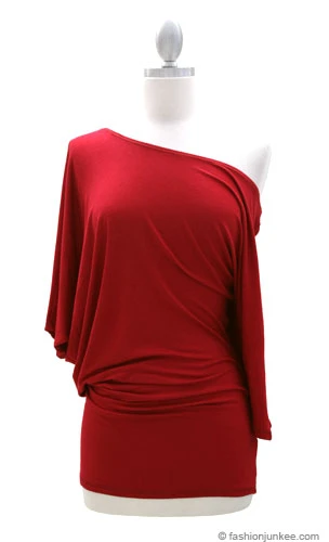3/4 Sleeve Jersey Off The Shoulder Top, Draped Arm-Red 1 3/4 Sleeve Jersey Off The Shoulder Top, Draped Arm-Red