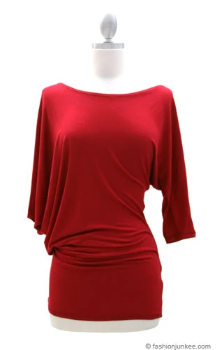 3/4 Sleeve Jersey Off The Shoulder Top, Draped Arm-Red 2 3/4 Sleeve Jersey Off The Shoulder Top, Draped Arm-Red - Image 2