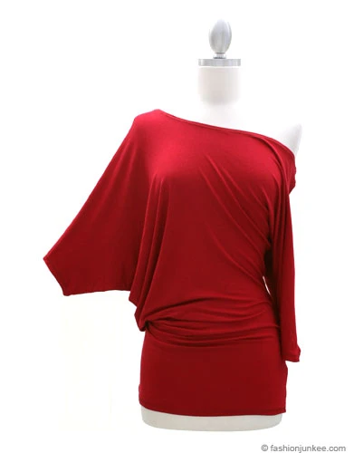 3/4 Sleeve Jersey Off The Shoulder Top, Draped Arm-Red 3 3/4 Sleeve Jersey Off The Shoulder Top, Draped Arm-Red - Image 3