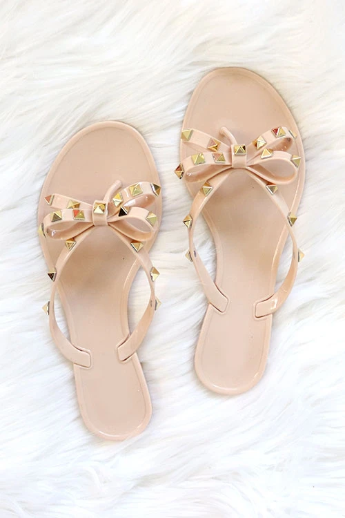 Studded Bow Flip Flops Jelly Sandals-Nude Beige 1 Studded Bow Flip Flops Jelly Sandals-Nude Beige