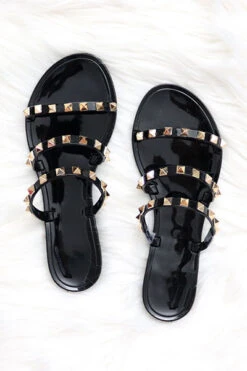 FLASH DEAL: Studded Straps Jelly Flats Sandals-Black (Size 6)