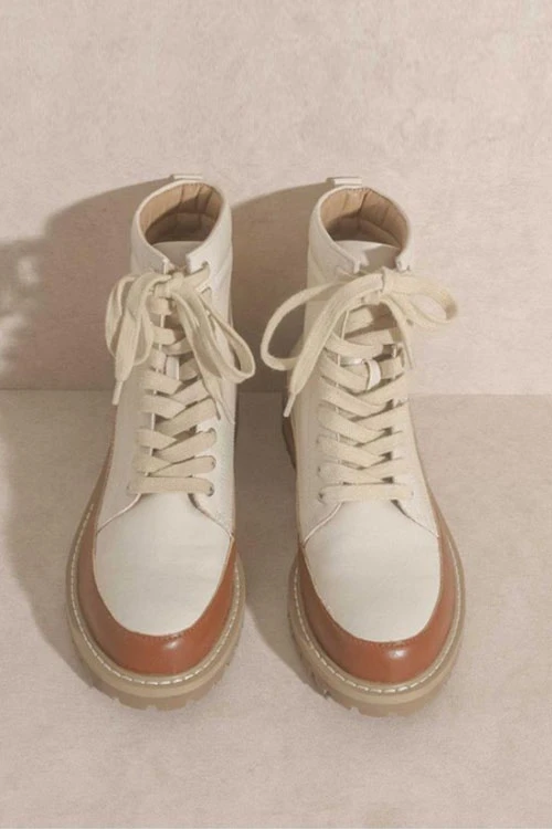 Two Tone Hiking Combat Boots With Lug Sole-Beige And Brown 2 Two Tone Hiking Combat Boots With Lug Sole-Beige And Brown - Image 2