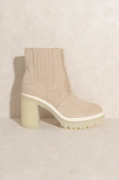 Chunky Heel Lug Sole Ankle Boots-Cream Beige