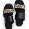 Animal Print Mixed Two Strap Band Sandals-Black & Cheetah Leopard Print