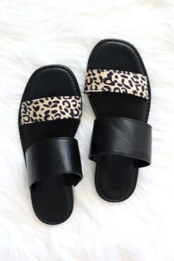 Animal Print Mixed Two Strap Band Sandals-Black & Cheetah Leopard Print