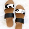Animal Print Mixed Two Strap Band Sandals-Black And White Cow Print