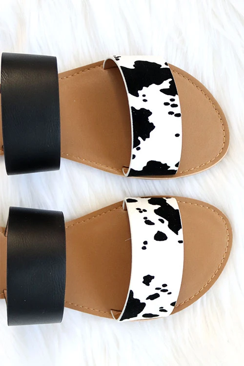 Animal Print Mixed Two Strap Band Sandals-Black And White Cow Print 2 Animal Print Mixed Two Strap Band Sandals-Black And White Cow Print - Image 2