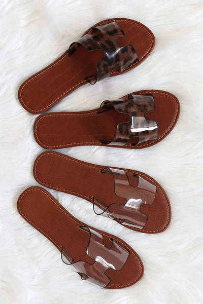 Clear H Band Cutout Sandals Slides-Clear Leopard Print 2 Clear H Band Cutout Sandals Slides-Clear Leopard Print - Image 2