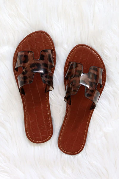 Clear H Band Cutout Sandals Slides-Clear Leopard Print 1 Clear H Band Cutout Sandals Slides-Clear Leopard Print