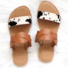 Twisted Animal Print Mixed Two Strap Band Sandals-Brown And Cow Print