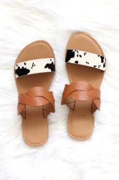 Twisted Animal Print Mixed Two Strap Band Sandals-Brown And Cow Print