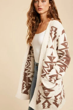 Aztec Tribal Print Soft Cardigan-Cream Off White
