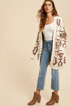 Aztec Tribal Print Soft Cardigan-Cream Off White -LumiWear Store aztec cardigan ils3724 creamtaupe3