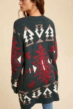 Aztec Tribal Print Soft Cardigan-Hunter Green -LumiWear Store aztec cardigan ils3724 huntergreen5