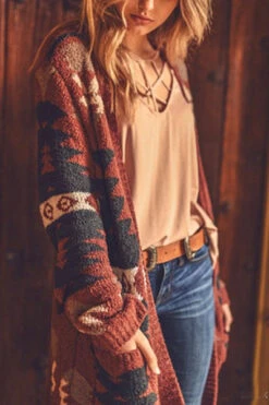 Aztec Tribal Print Soft Cardigan-Brick -LumiWear Store aztec cardigan s3008 brick4