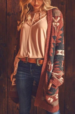 Aztec Tribal Print Soft Cardigan-Brick -LumiWear Store aztec cardigan s3008 brick5