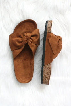 Faux Suede Bow Sandals-Tan Brown