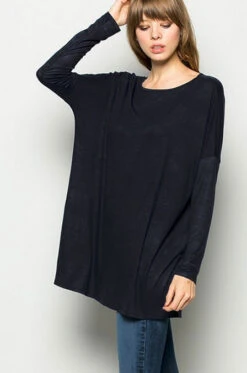 Long Sleeve Loose Oversized Off The Shoulder Top-Black