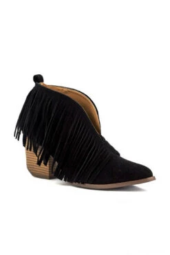 Boho V-Shaped Faux Suede Fringe Ankle Booties-Black