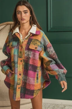 Oversized Button Up Check Plaid Shirt Jacket Shacket With Pockets-Lavender Multicolor