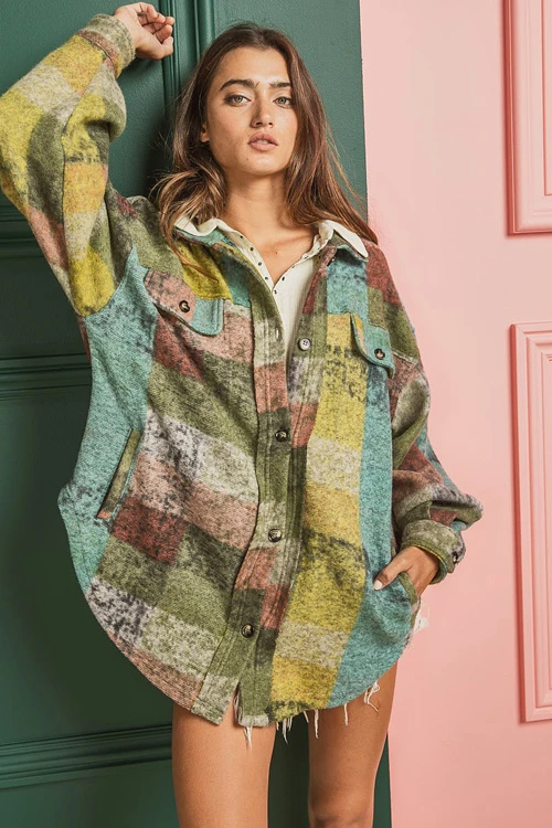 Oversized Button Up Check Plaid Shirt Jacket Shacket With Pockets-Green Multicolor 1 Oversized Button Up Check Plaid Shirt Jacket Shacket With Pockets-Green Multicolor