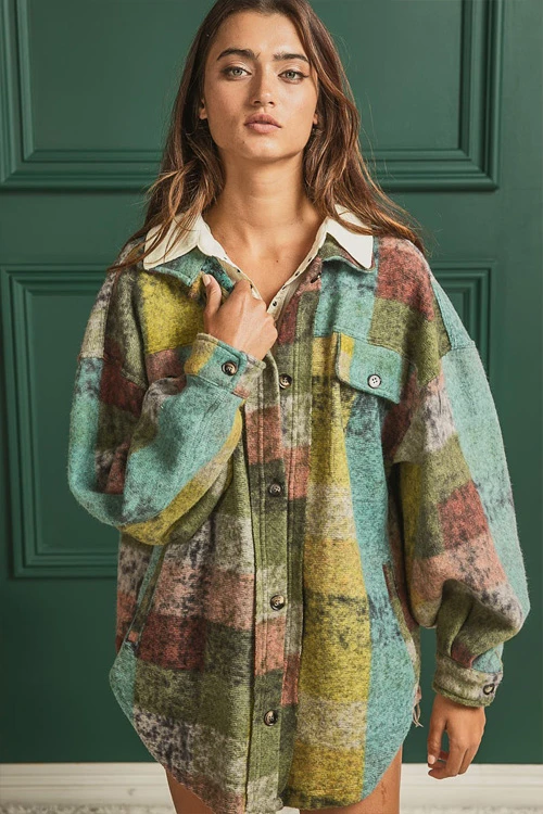 Oversized Button Up Check Plaid Shirt Jacket Shacket With Pockets-Green Multicolor 2 Oversized Button Up Check Plaid Shirt Jacket Shacket With Pockets-Green Multicolor - Image 2
