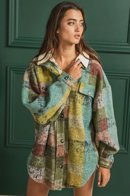 Oversized Button Up Check Plaid Shirt Jacket Shacket With Pockets-Green Multicolor 4 Oversized Button Up Check Plaid Shirt Jacket Shacket With Pockets-Green Multicolor - Image 4
