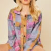 Oversized Button Up Check Plaid Shirt Jacket Shacket With Pockets-Pink Multicolor