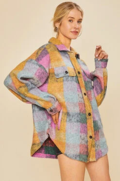 Oversized Button Up Check Plaid Shirt Jacket Shacket With Pockets-Pink Multicolor -LumiWear Store check shacket ip4500 pinkmulti3
