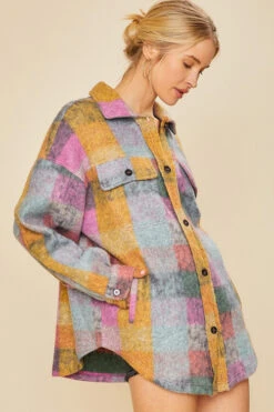 Oversized Button Up Check Plaid Shirt Jacket Shacket With Pockets-Pink Multicolor -LumiWear Store check shacket ip4500 pinkmulti5