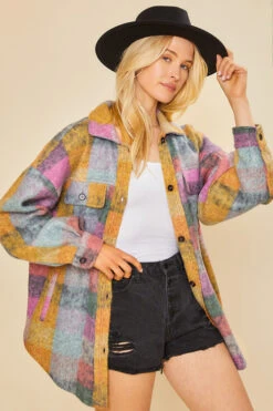 Oversized Button Up Check Plaid Shirt Jacket Shacket With Pockets-Pink Multicolor -LumiWear Store check shacket ip4500 pinkmulti6