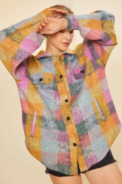 Oversized Button Up Check Plaid Shirt Jacket Shacket With Pockets-Pink Multicolor -LumiWear Store check shacket ip4500 pinkmulti7