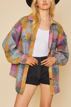 Oversized Button Up Check Plaid Shirt Jacket Shacket With Pockets-Pink Multicolor -LumiWear Store check shacket ip4500 pinkmulti8