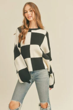 Oversized Checkerboard Pullover Sweater-Black And Off White -LumiWear Store check sweater msw1413 black4