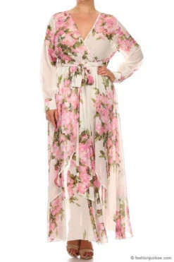 :As Seen In US WEEKLY: Long Sleeve Floral Chiffon Maxi Dress-Off White & Pink -LumiWear Store chiffon floral maxi 60 39 plus offwhite1