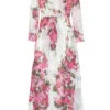 :As Seen In US WEEKLY: Long Sleeve Floral Chiffon Maxi Dress-Off White & Pink