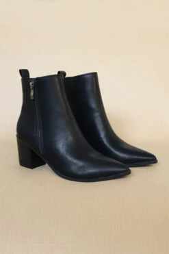Pointy Toe Faux Leather Zipper Ankle Booties-Black