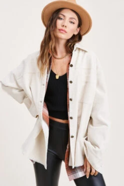 Frayed Corduroy Washed Button Up Shirt Jacket Shacket-Off White