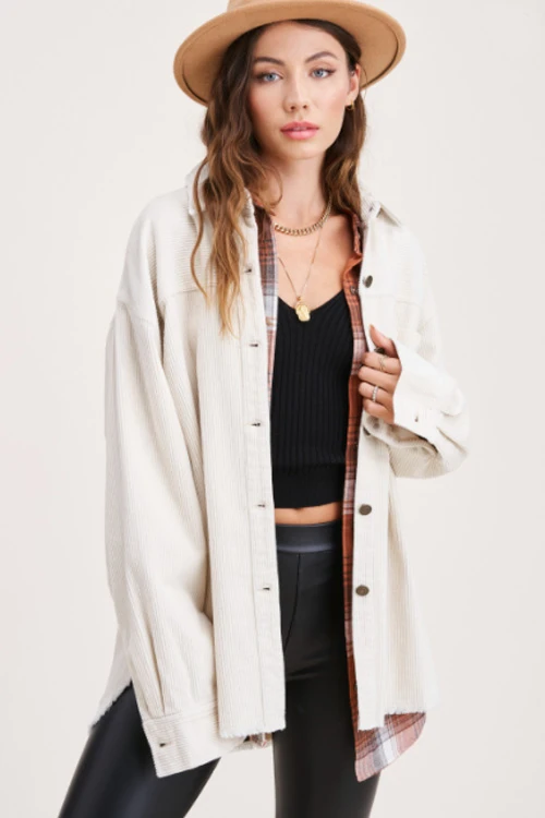 Frayed Corduroy Washed Button Up Shirt Jacket Shacket-Off White 2 Frayed Corduroy Washed Button Up Shirt Jacket Shacket-Off White - Image 2