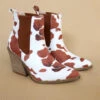 Tall Ankle Booties With Side Elastic And Stacked Heel-Brown And White Cow Print