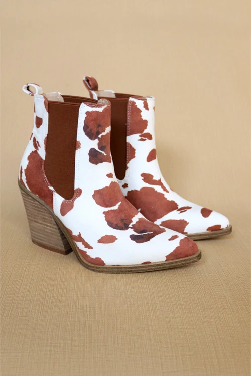 Tall Ankle Booties With Side Elastic And Stacked Heel-Brown And White Cow Print 1 Tall Ankle Booties With Side Elastic And Stacked Heel-Brown And White Cow Print