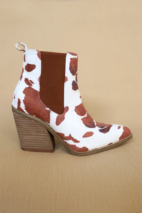 Tall Ankle Booties With Side Elastic And Stacked Heel-Brown And White Cow Print 2 Tall Ankle Booties With Side Elastic And Stacked Heel-Brown And White Cow Print - Image 2