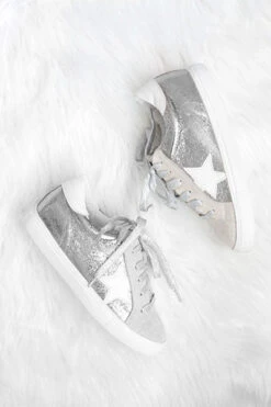 Metallic Lace Up Low Top Star Sneakers-Silver