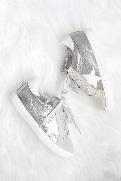 Metallic Lace Up Low Top Star Sneakers-Silver 1 Metallic Lace Up Low Top Star Sneakers-Silver