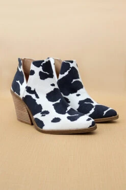 Faux Suede Pointy Toe Side Cutout Booties-Black And White Cow Print