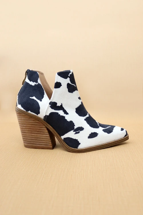 Faux Suede Pointy Toe Side Cutout Booties-Black And White Cow Print 2 Faux Suede Pointy Toe Side Cutout Booties-Black And White Cow Print - Image 2