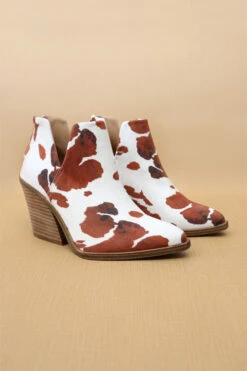 Faux Suede Pointy Toe Side Cutout Booties-Brown And White Cow Print