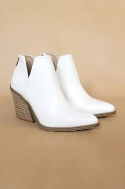 Faux Leather Pointy Toe Side Cutout Booties-White Croc